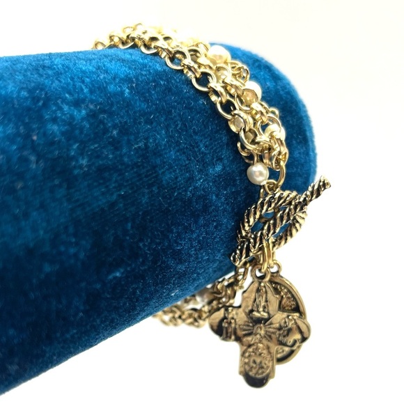 Bracelet Rosary Beads and Cross Medallion with St Christopher Pearl And Chain - Picture 3 of 11